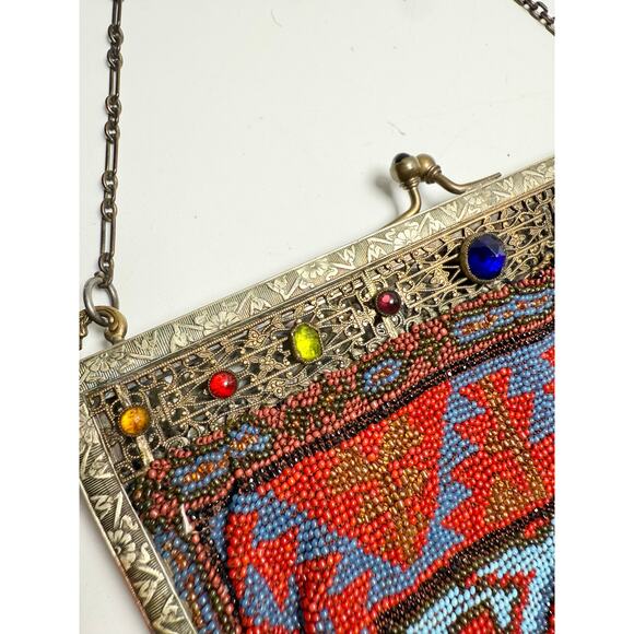 Antique Art Nouveau Edwardian French Cut Steel Hand Beaded Purse w/Jeweled Clasp - Picture 9 of 12